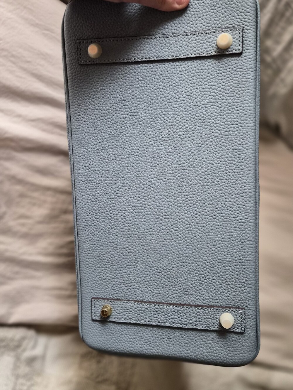 Birkin Style Elegant Light Blue Leather Top-Handle Bag with Gold Hardware - Picture 4 of 5